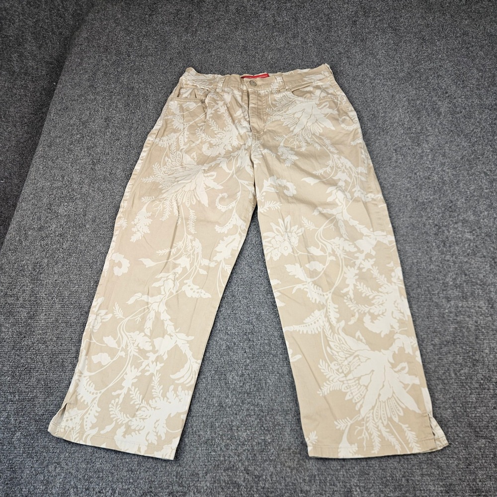 Gloria Vanderbilt Amanda Floral Capri Pants Khaki White Size 8 Cropped Trousers